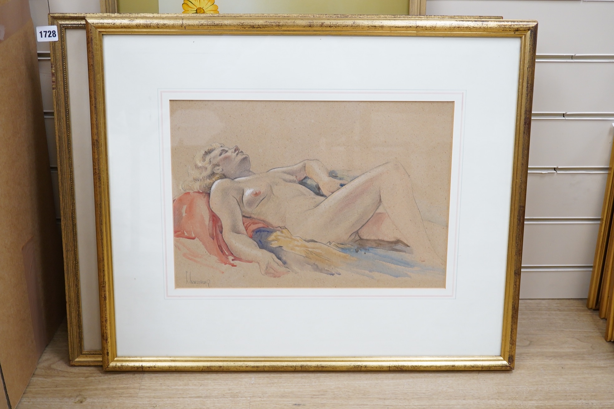 F Armstrong, pencil and watercolour, Study of a reclining nude woman, signed, 29 x 42cm. Condition - good